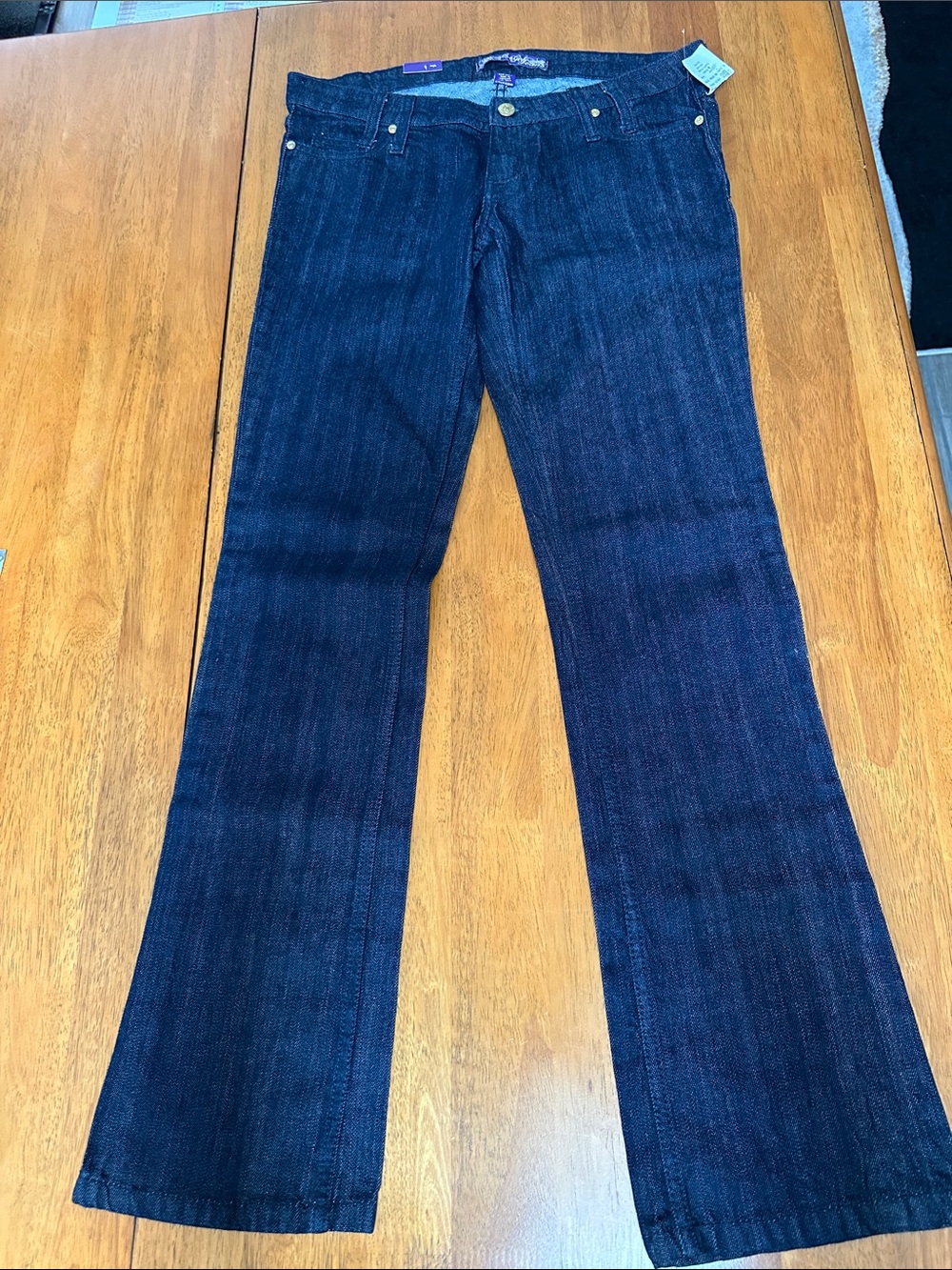 Brooklyn Girl Jeans NWT juniors size 7. Dark denim, wide leg, low rise. Gold